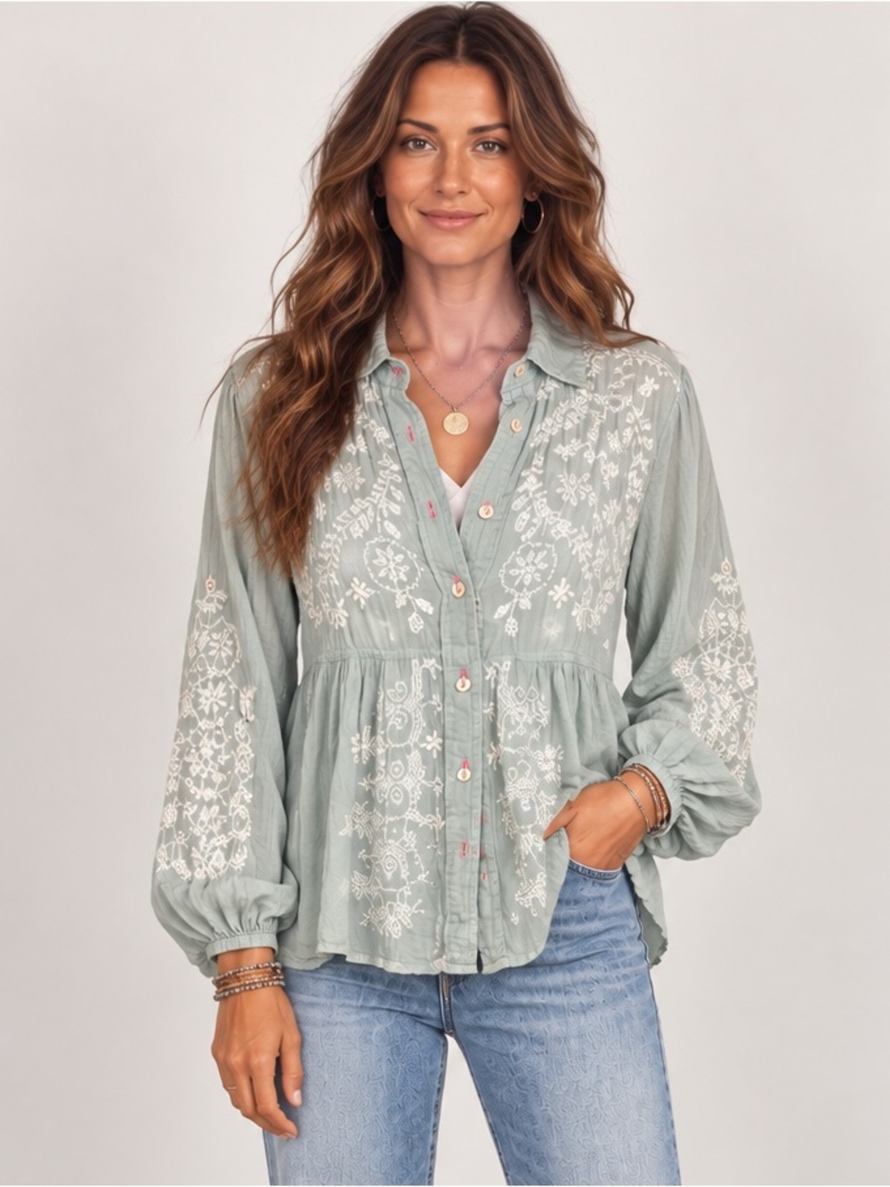 Johnny Was Embroidered Light Sage Button-Front Peasant Top